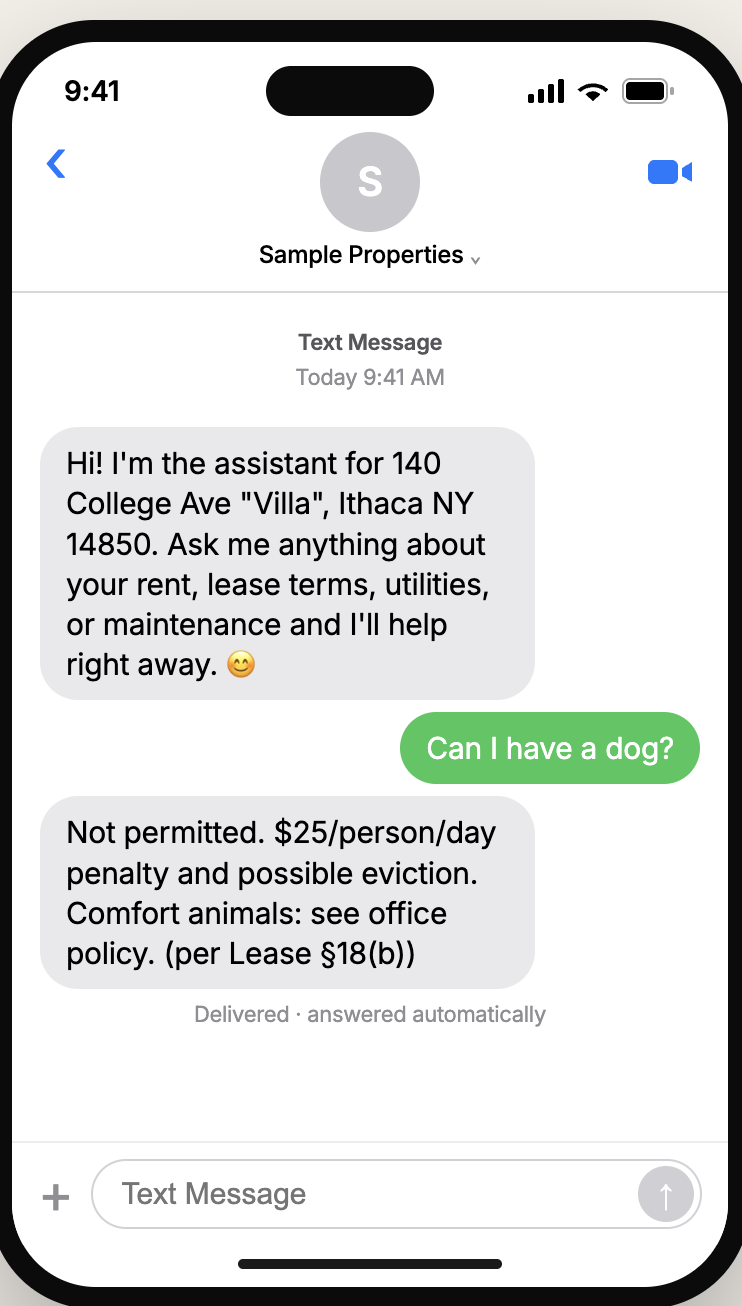 Screenshot of a student texting Hearth and getting an instant, lease-grounded answer with a citation